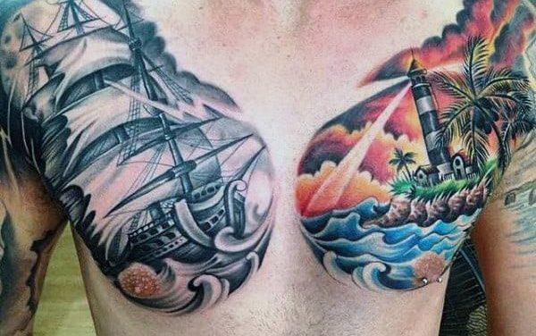 Tattoo Leuchtturm auf männlicher Brust