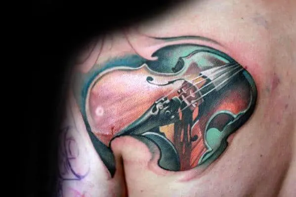 Violin Tattoo On Guy's Back