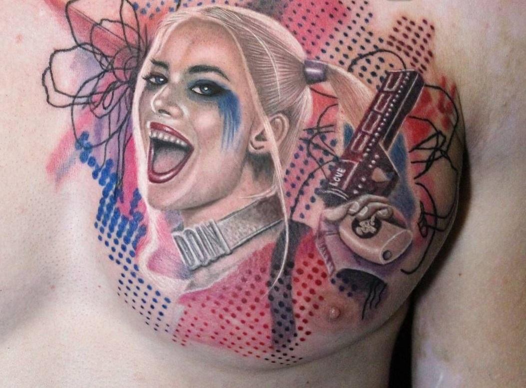 Harley Queen tattoo with color pistol
