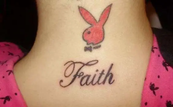 Playboy tattoo on the back of the neck