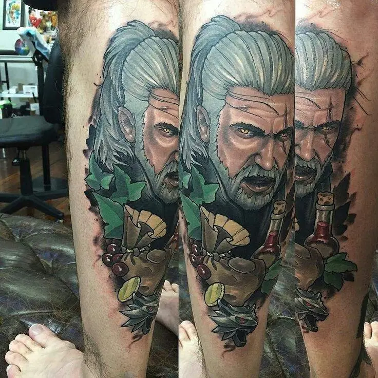 tatŵ y darnau arian portread gwin witcher