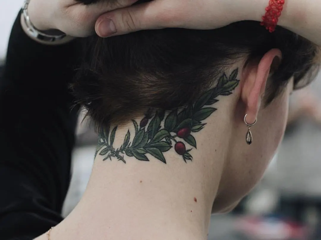 Laurel Crown Tattoo On Girl Neck