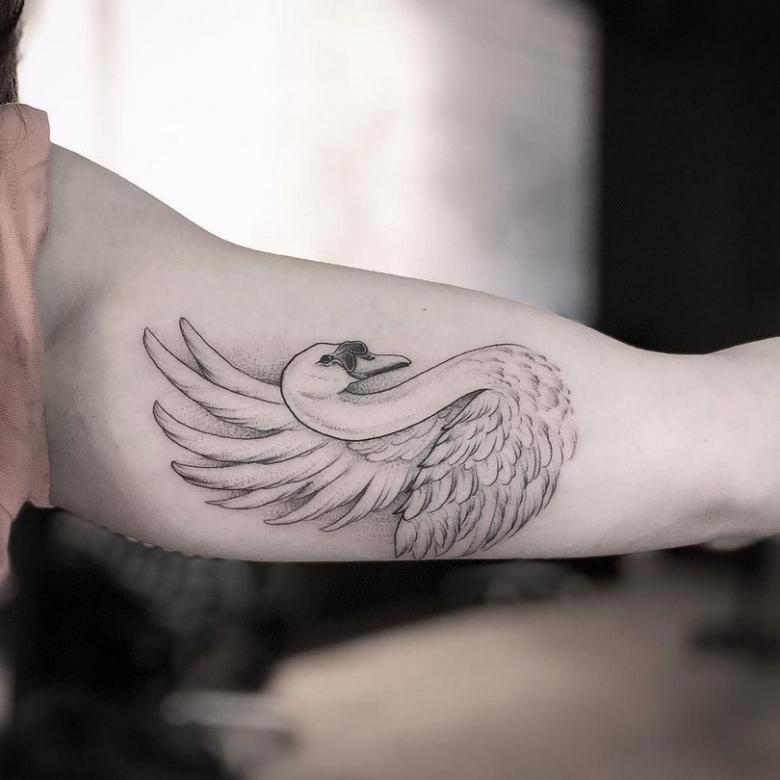 Photo of swan tattoo on hand.