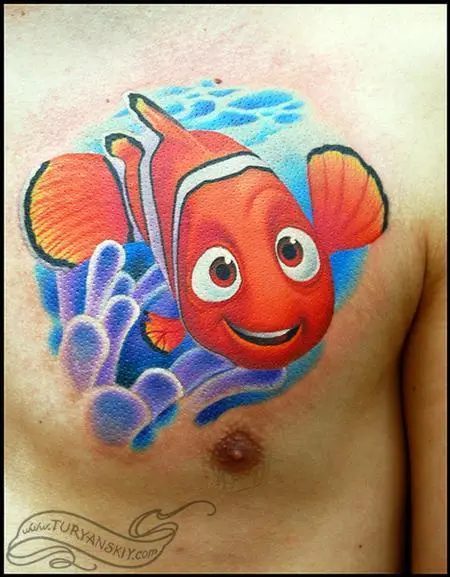 Colorful tattoos based on the movie Finding Nemo