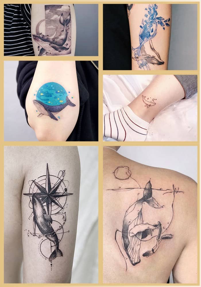 Whale tattoos - epakutanga mazano uye zvinoreva
