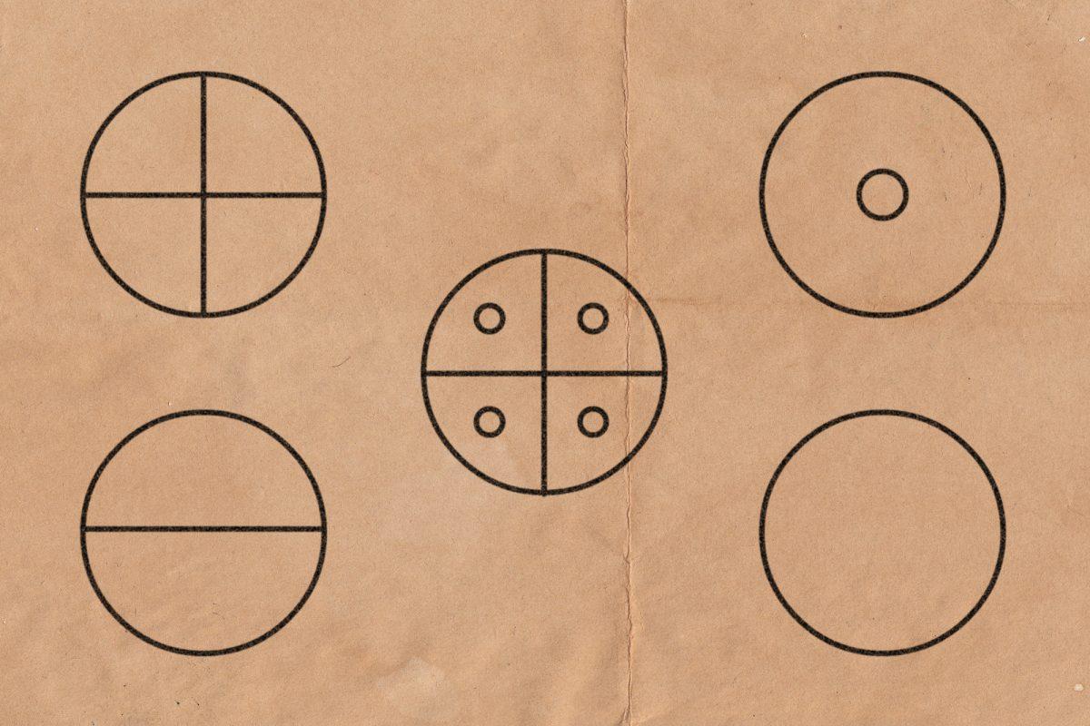 Símbolos circulares (catro elementos, auga, terra, aire, sol)
