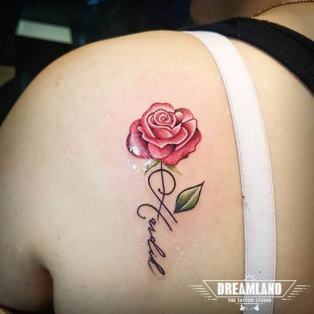 22 Beautiful Roses with Names Tattoo Ideas for Women.