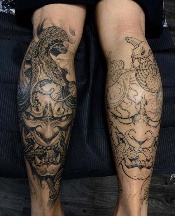 Черная японская татуировка на ноге — Идеи изображения
