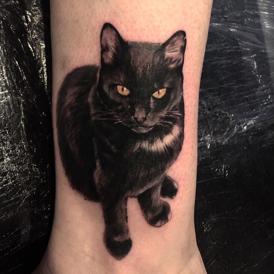手臂黑灰猫咪纹身作品图案