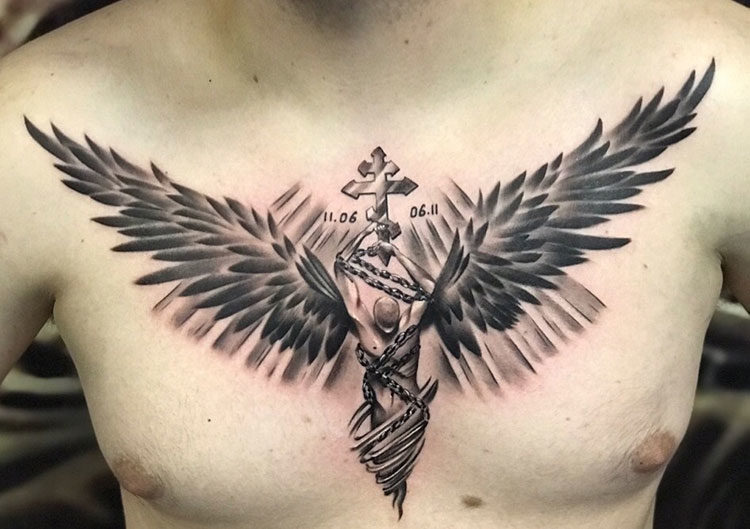 Cool tattoo on the chest of an angel