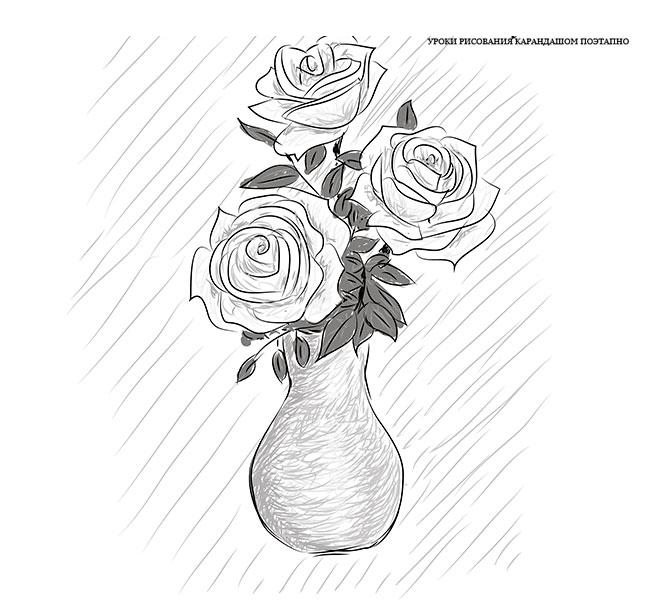 Как нарисовать букет роз в вазе карандашом