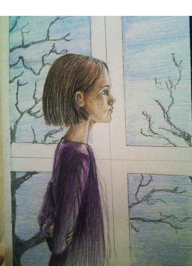 Як намалювати дівчинку біля вікна кольоровими олівцями