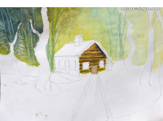 Как нарисовать домик в зимнем лесу гуашью