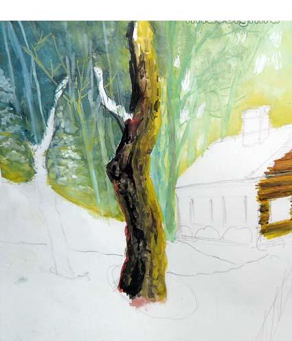 Как нарисовать домик в зимнем лесу гуашью