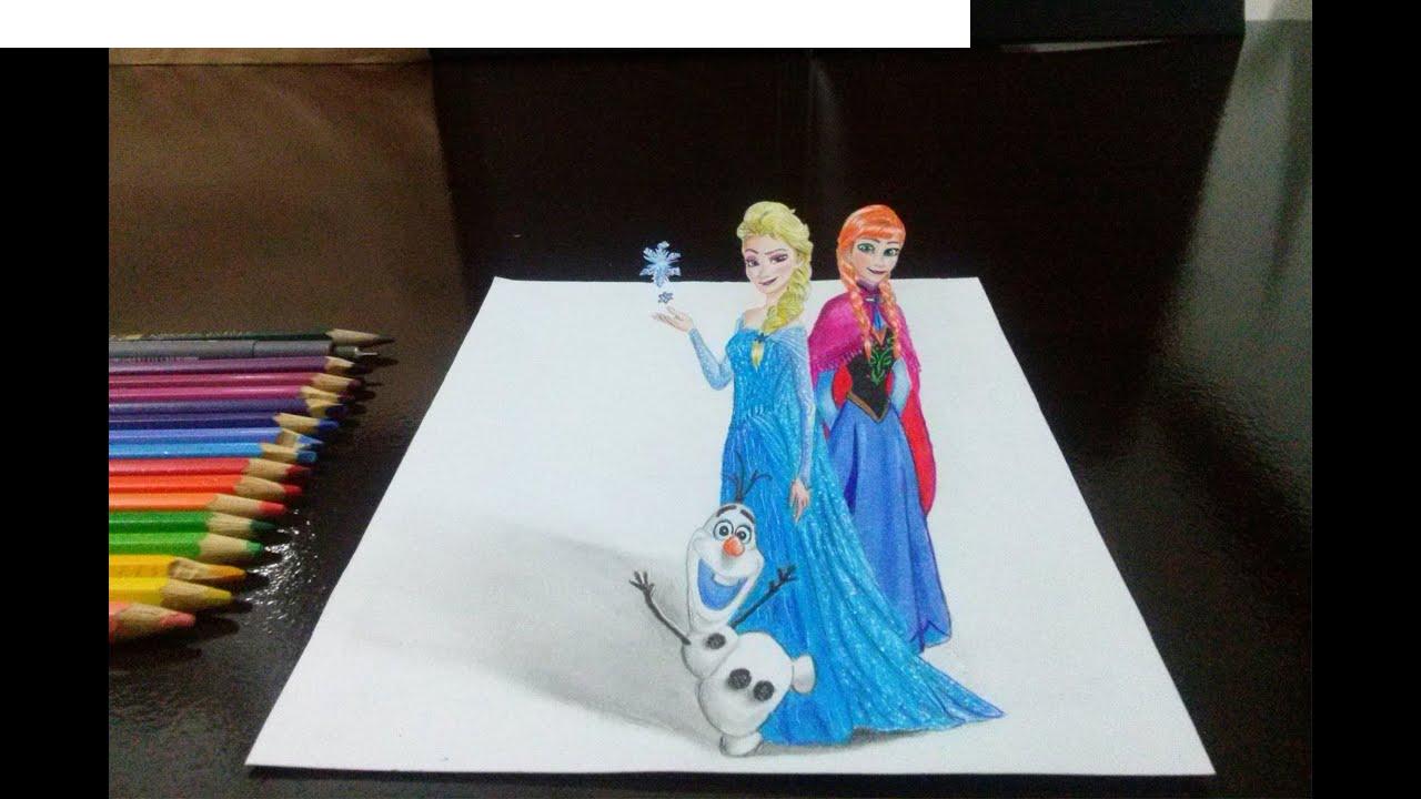 Hvordan tegne Elsa, Anna og Olaf 3D på papir