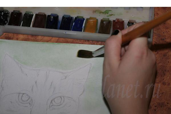 Как нарисовать кота акварельными карандашами и акварелью