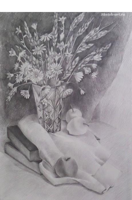 Рисуем натюрморт цветы в вазе и фрукты