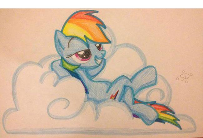 Draw pony Rainbow Dash on a cloud